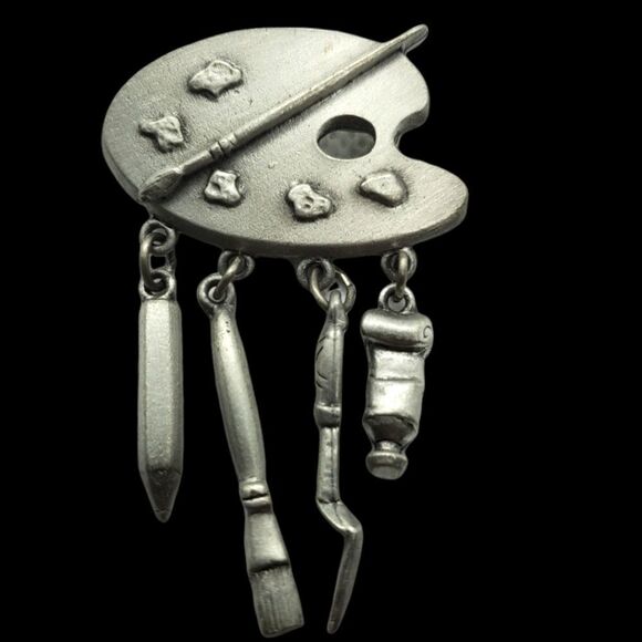 Jonette Jewelry Silver Colored Artist Palette Brooch with Dangling Artists Tools - Picture 1 of 5